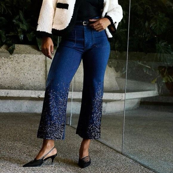 Maeve The Colette Cropped High Rise Wide Leg Jean Maeve Sequin Sparkle Size 33P - Picture 1 of 11